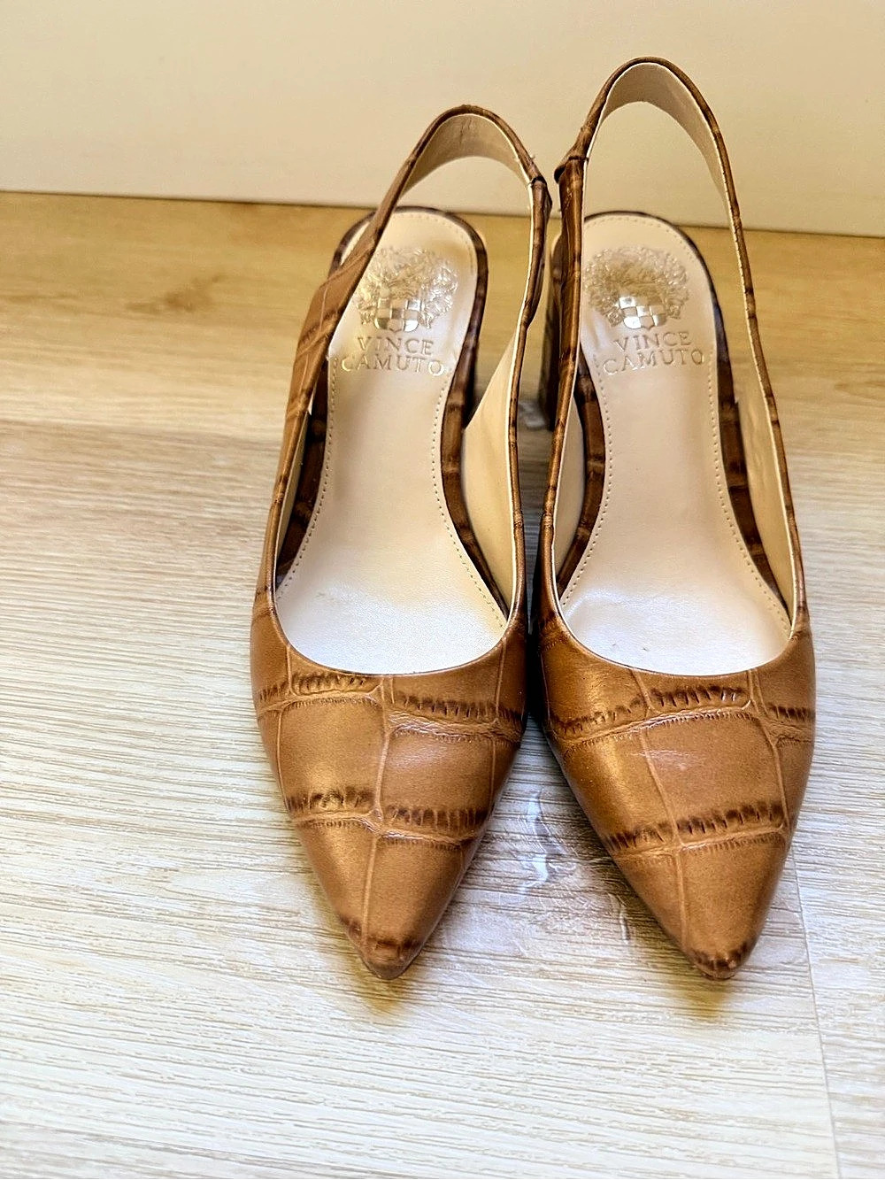 Vince Camuto Pointed Toe Slingback Heels in croc tan